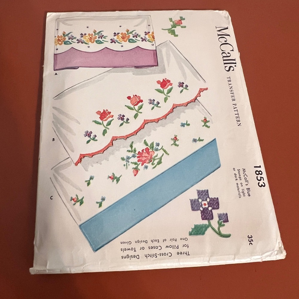vtg 1950s McCalls 1853 Floral Cross Stitch Transfer Pattern Pillowcases Towels